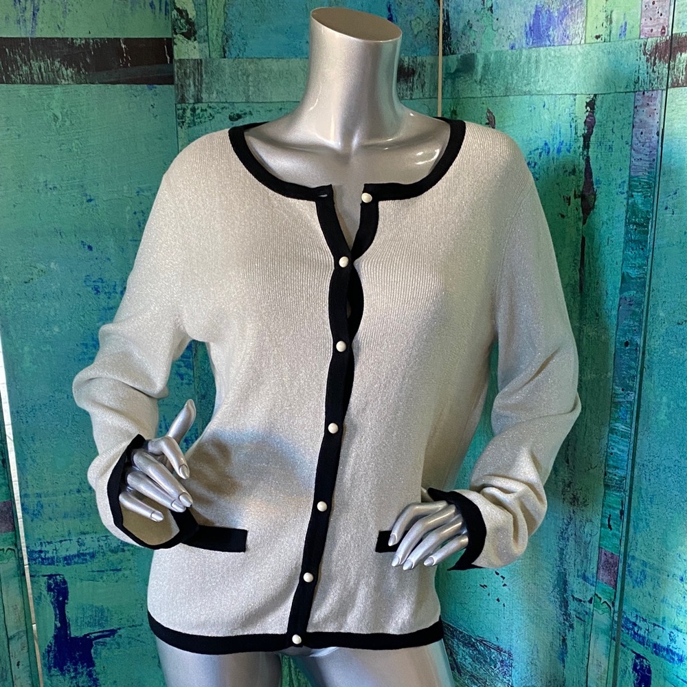 A New Day Shimmer Cream Cardigan with Black Trim